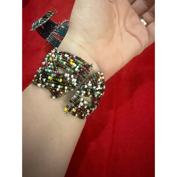 Set of 3 Seed Beaded Coil Wrap Bracelets: White, Teal, Multicolor Boho Gypsy - Picture 11 of 12